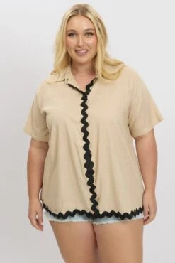 Beige Ric Rac Shirt Short Sleeve Linen Blend 8 Beige Ric Rac Shirt Short Sleeve Linen Blend -You And All Fashion Store cwc1676lx 47rb beige 3