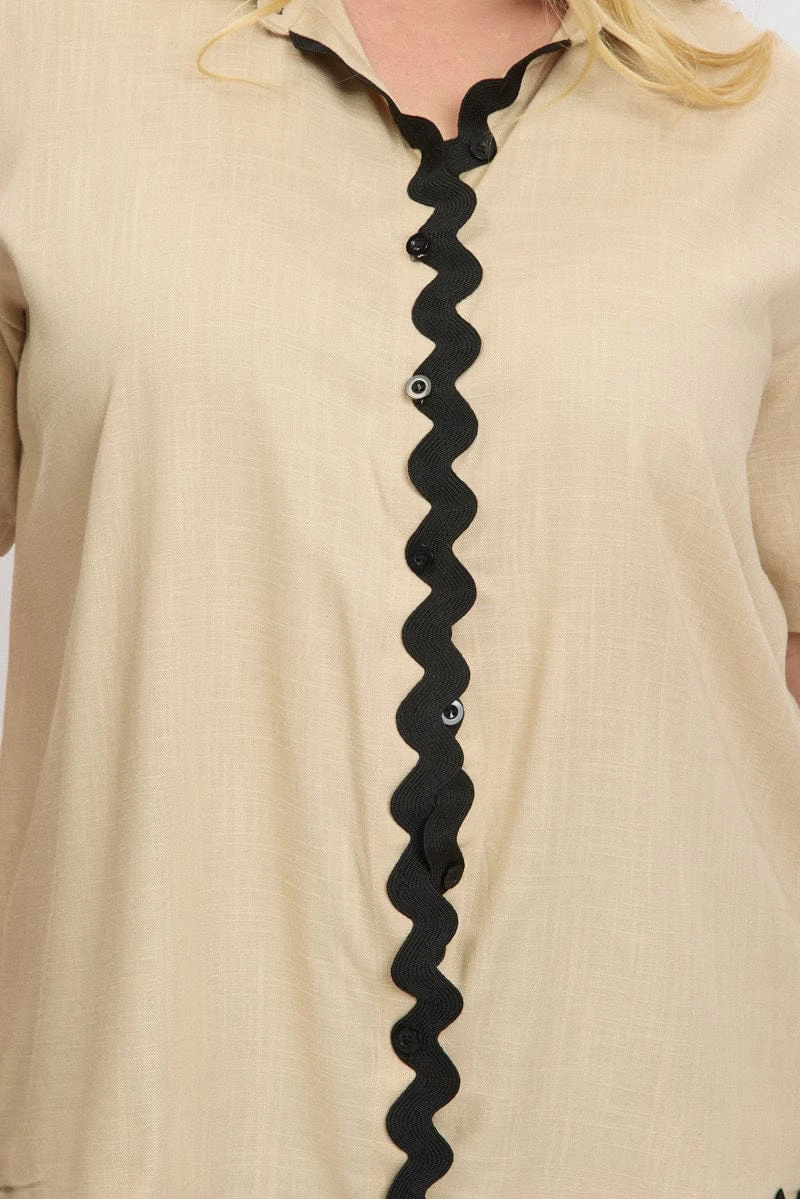 Beige Ric Rac Shirt Short Sleeve Linen Blend 6 Beige Ric Rac Shirt Short Sleeve Linen Blend - Image 6
