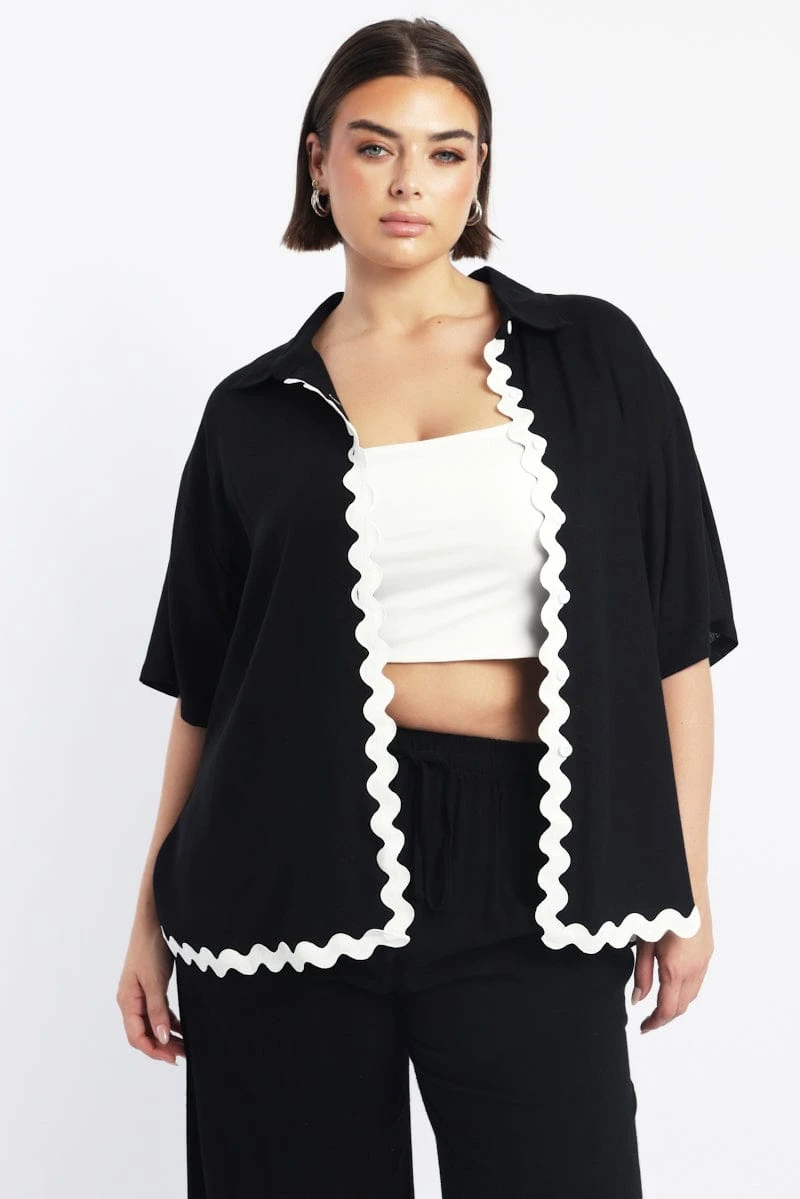 Black Ric Rac Shirt Short Sleeve Linen Blend 1 Black Ric Rac Shirt Short Sleeve Linen Blend