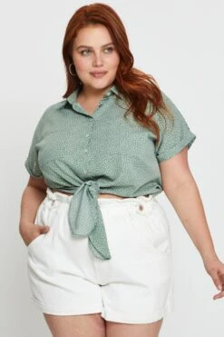 Geo Print Shirt Short Sleeve Tie Front -You And All Fashion Store cwc17591a 81lb polka dot 3