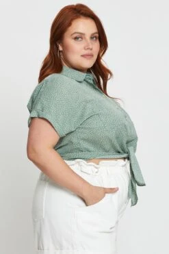 Geo Print Shirt Short Sleeve Tie Front -You And All Fashion Store cwc17591a 81lb polka dot 4