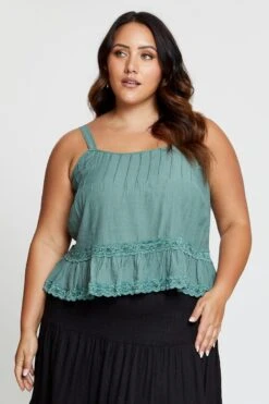 Green Singlet Top Coral Lace Insert Pintuck -You And All Fashion Store cwc17779 35lb sage 1 2 1