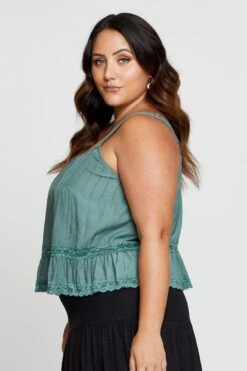 Green Singlet Top Coral Lace Insert Pintuck -You And All Fashion Store cwc17779 35lb sage 4 1 1