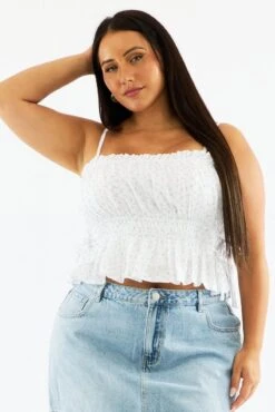 White Ditsy Cami Crop Top Ruched Side Tie