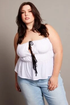 White Cami Top Sleeveless Contrast Ribbon -You And All Fashion Store cwc2291 10r white 3