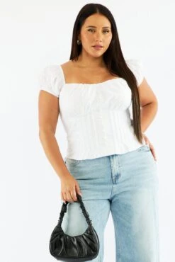 White Sweet Heart Top Short Sleeve Button Front