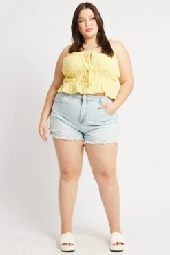 Yellow Cami Top Sleeveless Ruched Tie Front Linen Blend