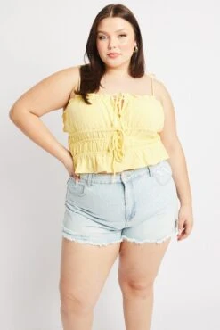 Yellow Cami Top Sleeveless Ruched Tie Front Linen Blend -You And All Fashion Store cwc2304e 10rb yellow 3