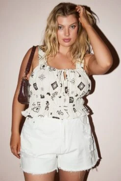 Beige Abstract Tie Front Crop Top