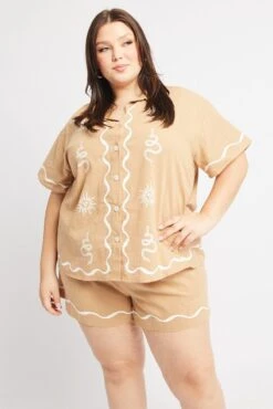 Beige Relaxed Shirt Short Sleeve -You And All Fashion Store cwc2334ax 47rb beige 3