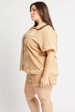 Beige Relaxed Shirt Short Sleeve -You And All Fashion Store cwc2334ax 47rb beige 4