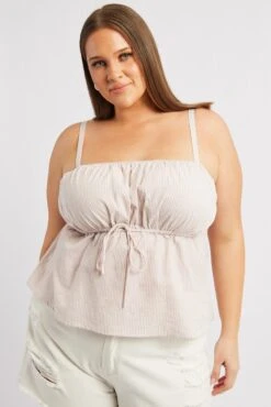 Beige Stripe Cami Top Sleeveless Gathered -You And All Fashion Store cwc2370d 10rb stripe 3