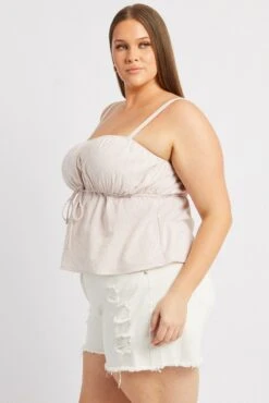 Beige Stripe Cami Top Sleeveless Gathered -You And All Fashion Store cwc2370d 10rb stripe 4