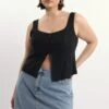 Black Open Front Top Sleeveless Linen Blend