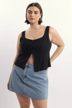 Black Open Front Top Sleeveless Linen Blend