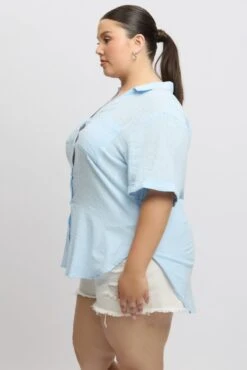 Blue Relaxed Shirt Short Sleeve Pocket -You And All Fashion Store cwc2466a 47r light blue 4