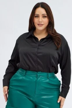 Black Relaxed Shirt Long Sleeve Satin -You And All Fashion Store cwc2470a 33r black 3