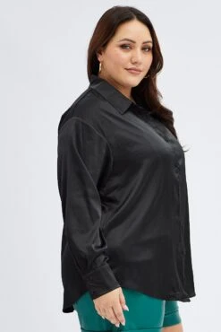 Black Relaxed Shirt Long Sleeve Satin -You And All Fashion Store cwc2470a 33r black 4