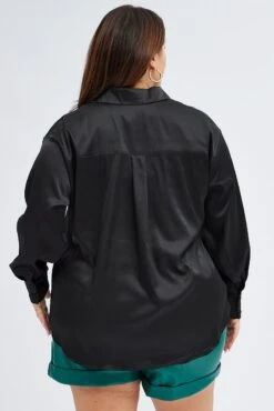Black Relaxed Shirt Long Sleeve Satin -You And All Fashion Store cwc2470a 33r black 5