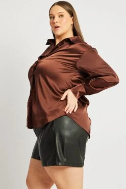 Brown Satin Shirt Long Sleeve -You And All Fashion Store cwc2470a 33r chocolate 4