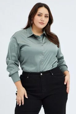 Green Relaxed Shirt Long Sleeve Satin -You And All Fashion Store cwc2470a 33r khaki 3
