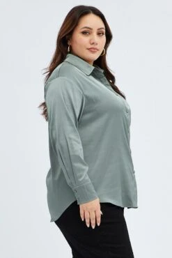 Green Relaxed Shirt Long Sleeve Satin -You And All Fashion Store cwc2470a 33r khaki 4