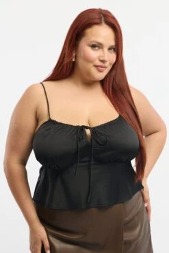 Black Satin Cami Top Ruched Bust