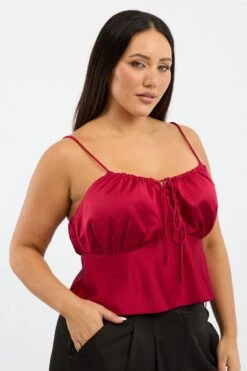 Red Satin Cami Top Ruched Bust -You And All Fashion Store cwc2474c 35rb red 4