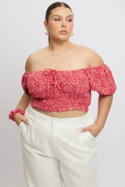Red Ditsy Crop Top Short Sleeve Ruched Bust