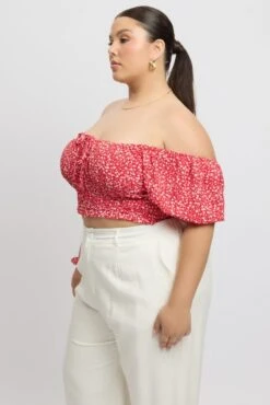 Red Ditsy Crop Top Short Sleeve Ruched Bust -You And All Fashion Store cwc2501g 47r ditsy 4