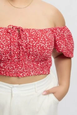 Red Ditsy Crop Top Short Sleeve Ruched Bust -You And All Fashion Store cwc2501g 47r ditsy 6