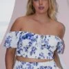 Blue Floral Crop Top Short Sleeve Shirred Waist