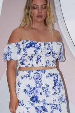 Blue Floral Crop Top Short Sleeve Shirred Waist -You And All Fashion Store cwc2501i 47r floral 3