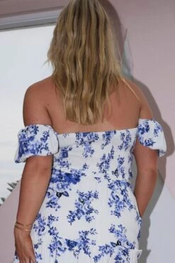 Blue Floral Crop Top Short Sleeve Shirred Waist -You And All Fashion Store cwc2501i 47r floral 5