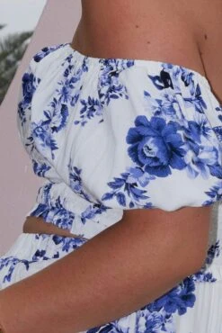 Blue Floral Crop Top Short Sleeve Shirred Waist -You And All Fashion Store cwc2501i 47r floral 6