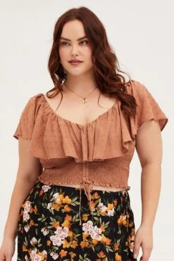 Brown Crop Top Short Sleeve Frill -You And All Fashion Store cwc25097 35lb brown 3 1 1 1
