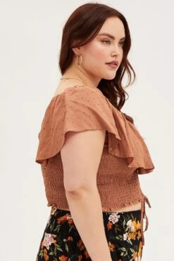 Brown Crop Top Short Sleeve Frill -You And All Fashion Store cwc25097 35lb brown 4 1 1 1