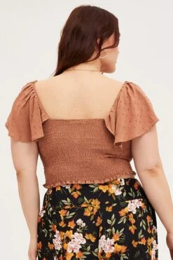 Brown Crop Top Short Sleeve Frill -You And All Fashion Store cwc25097 35lb brown 5 1 1 1