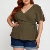 Green Wrap Front Top Short Sleeve