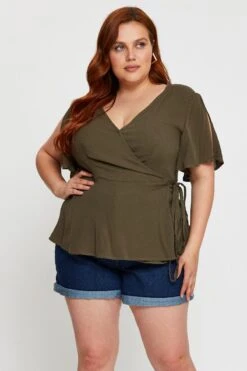Green Wrap Front Top Short Sleeve