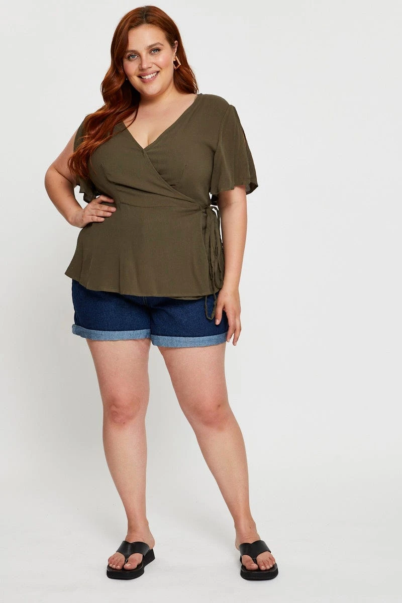 Green Wrap Front Top Short Sleeve 2 Green Wrap Front Top Short Sleeve - Image 2