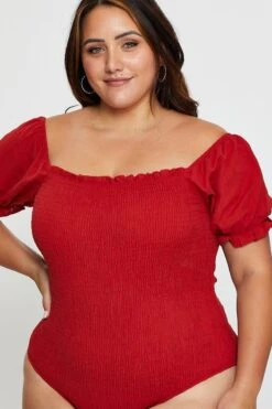 Green Shirred Bodysuit Forest Short Sleeve -You And All Fashion Store cwc25478 36lb rust 2 1