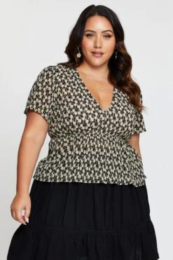 Floral Print Peplum Top Short Sleeve Plisse -You And All Fashion Store cwc25557 36l floral prt 3 1