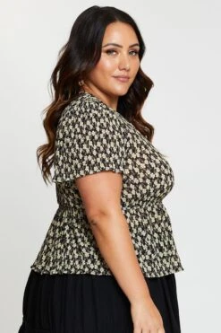 Floral Print Peplum Top Short Sleeve Plisse -You And All Fashion Store cwc25557 36l floral prt 4 1