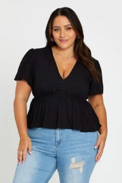 Black Peplum Top Short Sleeve Textured -You And All Fashion Store cwc25557a 36lb black 3