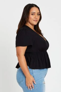 Black Peplum Top Short Sleeve Textured -You And All Fashion Store cwc25557a 36lb black 4