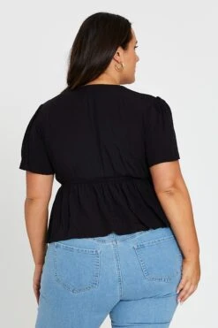 Black Peplum Top Short Sleeve Textured -You And All Fashion Store cwc25557a 36lb black 5