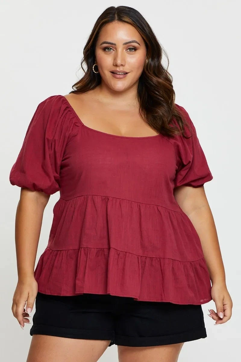 Red Tiered Top Short Sleeve Linen Blend 2 Red Tiered Top Short Sleeve Linen Blend - Image 2