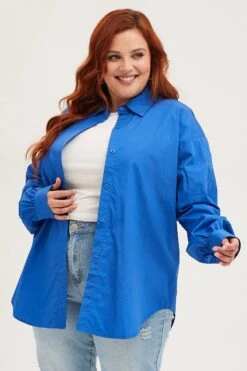 Blue Long Sleeve Oversized Cotton Shirt -You And All Fashion Store cwc25847 42lb cobalt 3