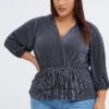 Grey Plisse Frill Layer Top Tie Side
